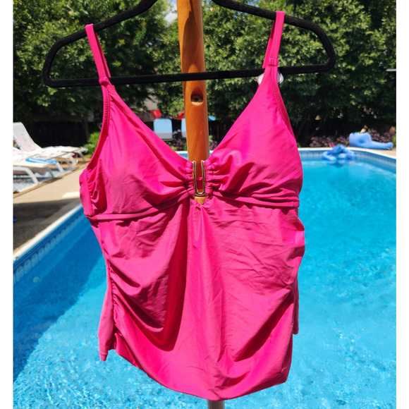 NEW Time Tru Large (12-14) $27 Hot Pink Ruched Tankini Top Beach Bright - Picture 1 of 7